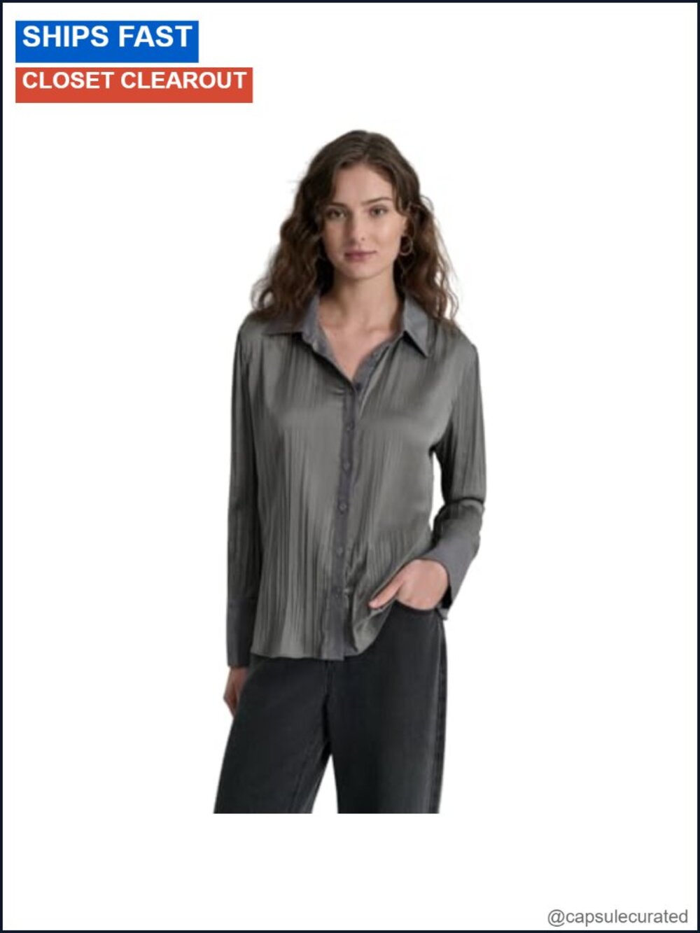 Pleated Satin Button Down Blouse Long Sleeve Collared Office Top